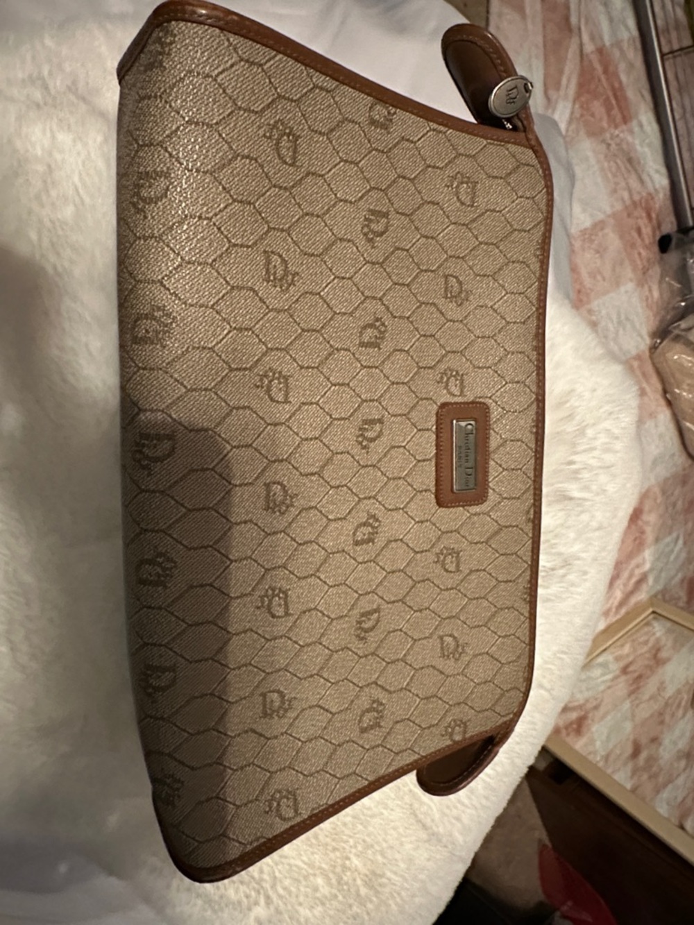 Dior Beige Monogram Canvas Shoulder Bag with Brown Leather Trim